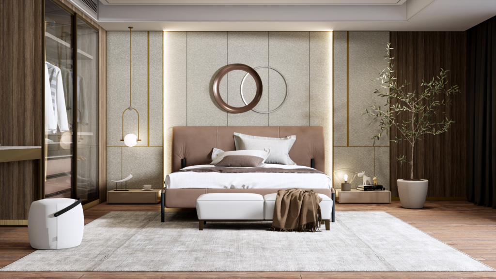 Kamar tidur modern dengan panel dinding ramah lingkungan, memberikan nuansa elegan dan nyaman dengan dekorasi bambu dan tanaman hijau.