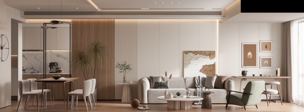 Ruang makan modern dengan dekorasi dinding panel kayu minimalis, memberikan nuansa hangat dan estetika elegan